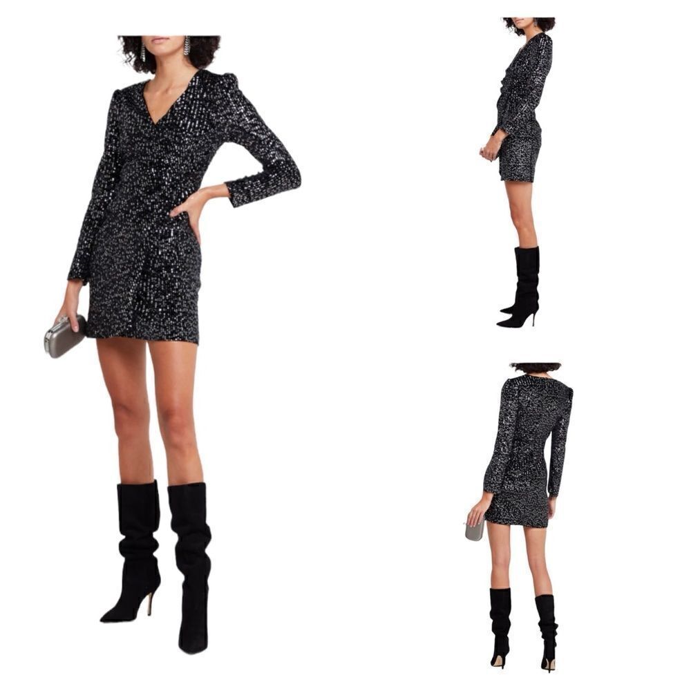 NEW O.P.T. Ollie Dress Black Mini Metallic Wrap Long Sleeves Silver Womens S